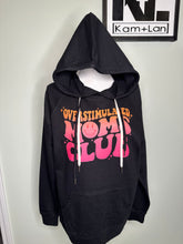 Load image into Gallery viewer, Large overstimulated moms club plain lightweight black unisex hoodie (double strings)
